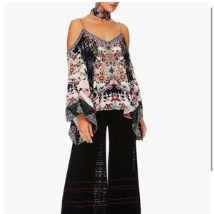CAMILLA *Nights with Her* black floral silk drop cold shoulder blouse top S